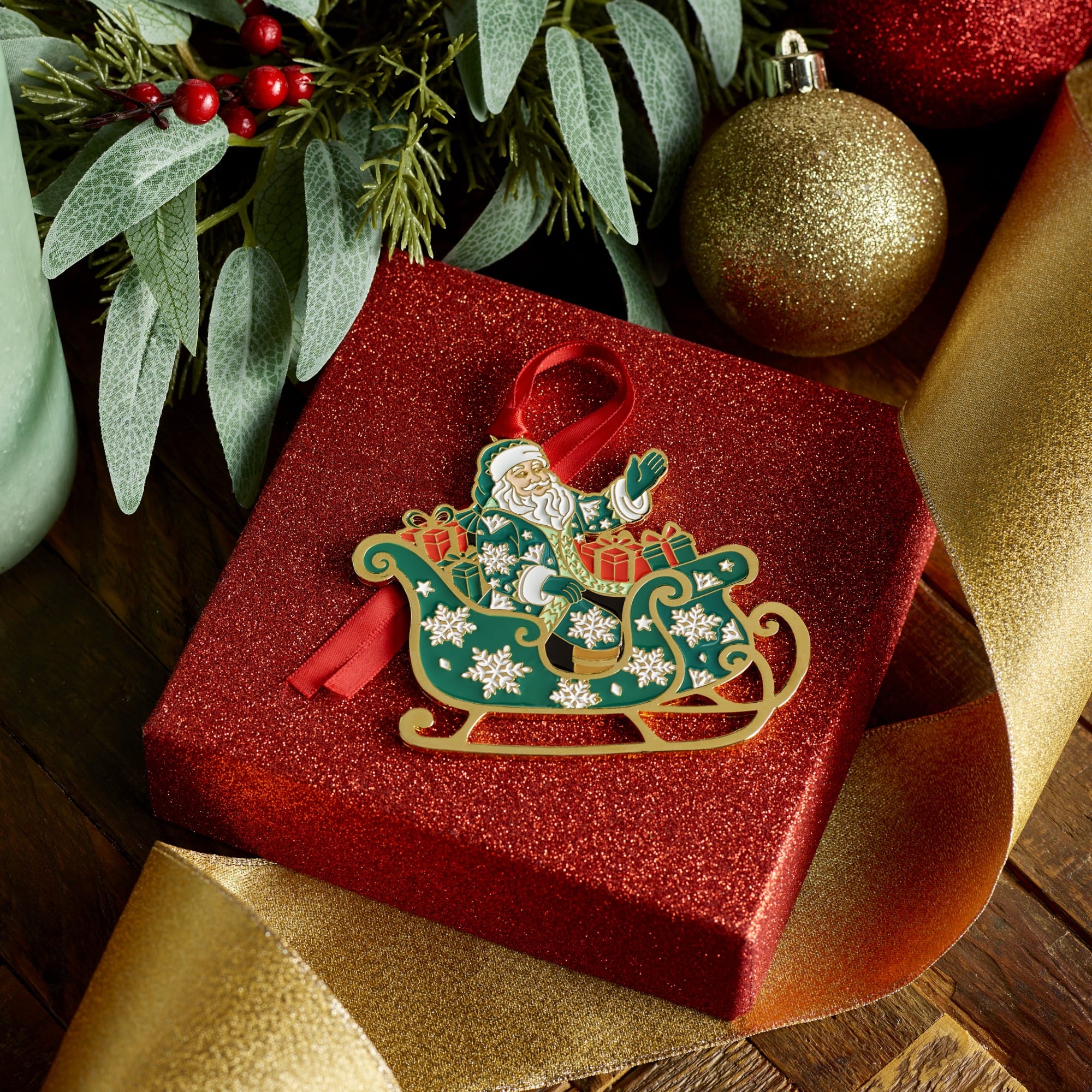 Fitz & Floyd 2026 Gold Plated Enameled Santa Ornament - Image 2