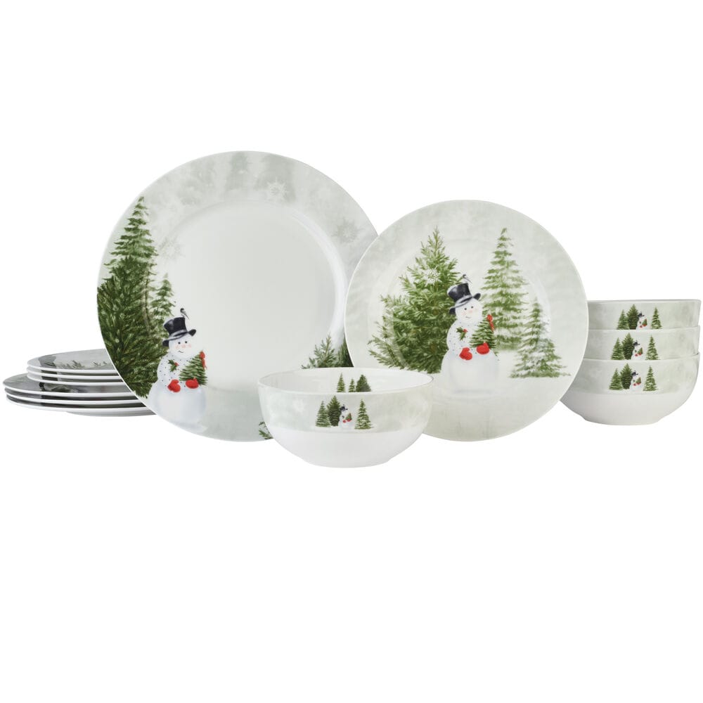 Snowman's Winter 12 Piece Dinnerware Set. Service for 4