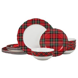 Tartan Red Scallop 12 Piece Dinnerware Set. Service for 4