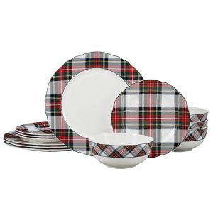 Tartan White Scalloped 12 Piece Dinnerware Set. Service for 4