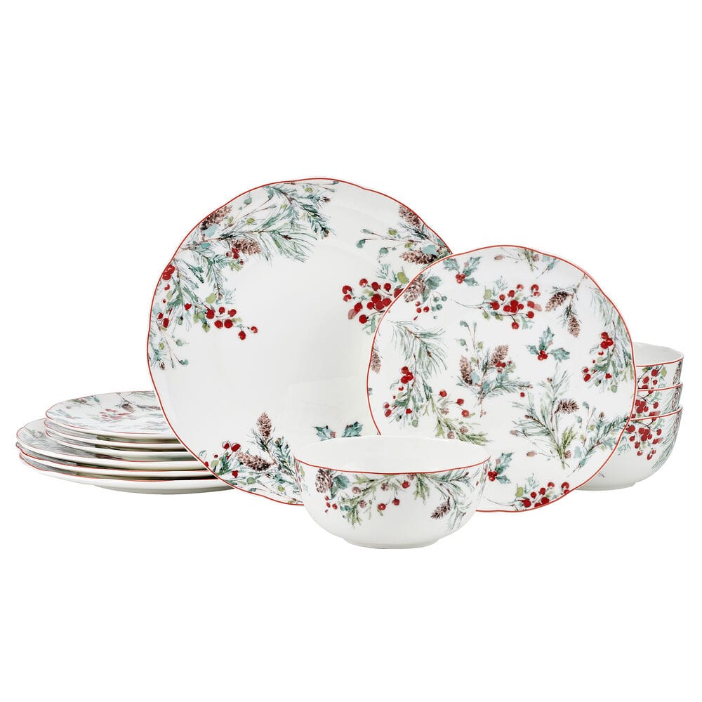 Pine and Berry 12 Piece Dinnerware Set. Service for 4