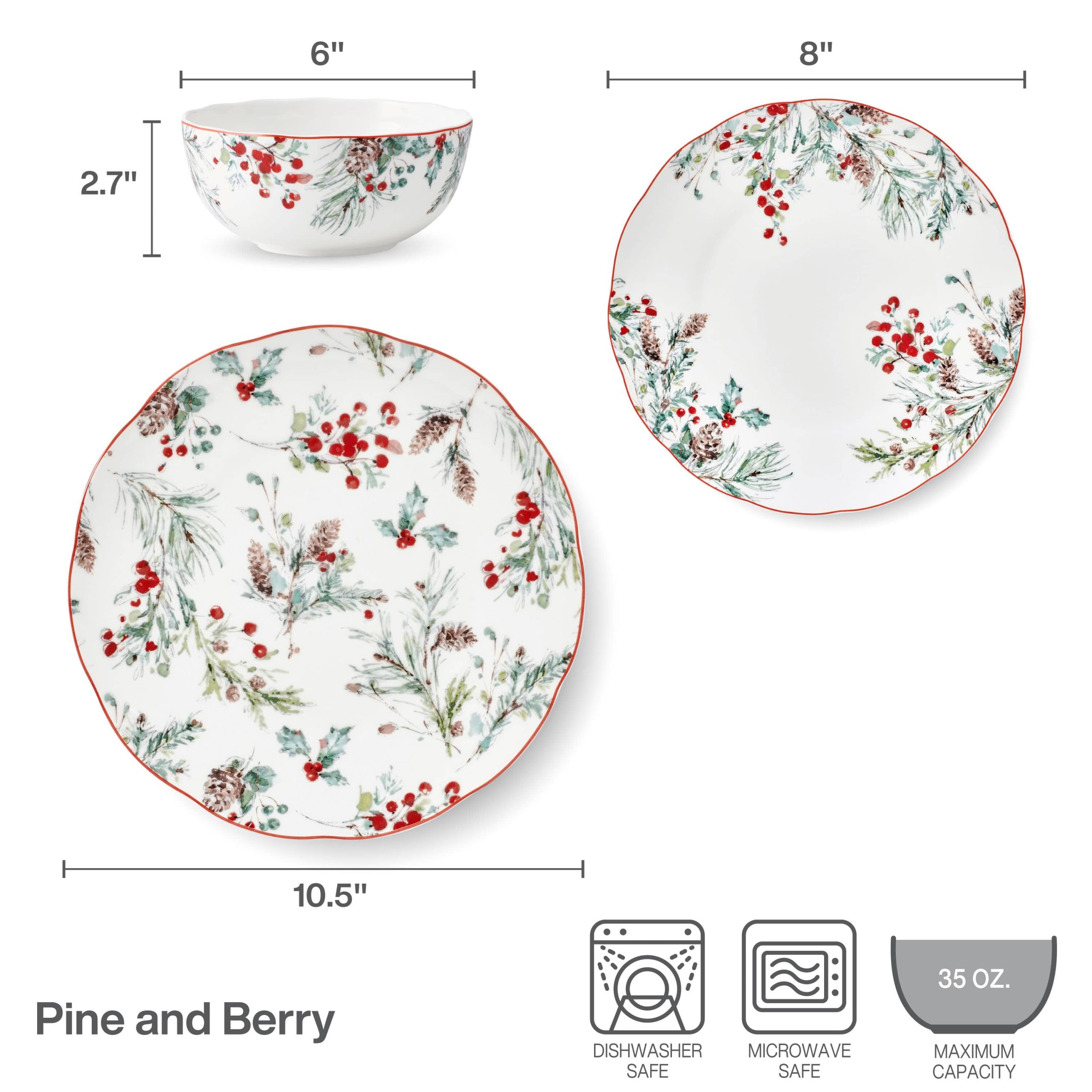 Pine and Berry 12 Piece Dinnerware Set. Service for 4 - Image 3