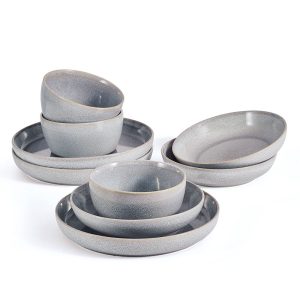 Huxley Grey 9 Piece Dinnerware Bowl Set. Service for 3