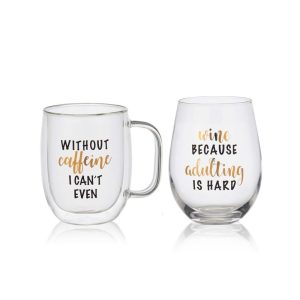 Double Wall Mug and Stemless Wine Glass Set of 2. Caffeine Wine Sentiment