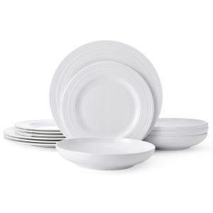 Swirl Bone 12 Piece Dinnerware Set with Pasta Bowls. Service for 4