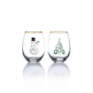 Stemless Gifts Tree and Snowman Stemless Wine Set of 2