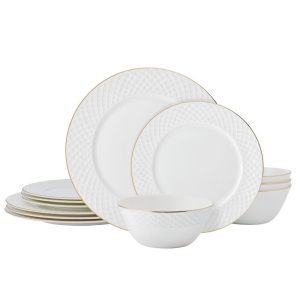 Trellis Gold 12 Piece Dinnerware Set. Service for 4