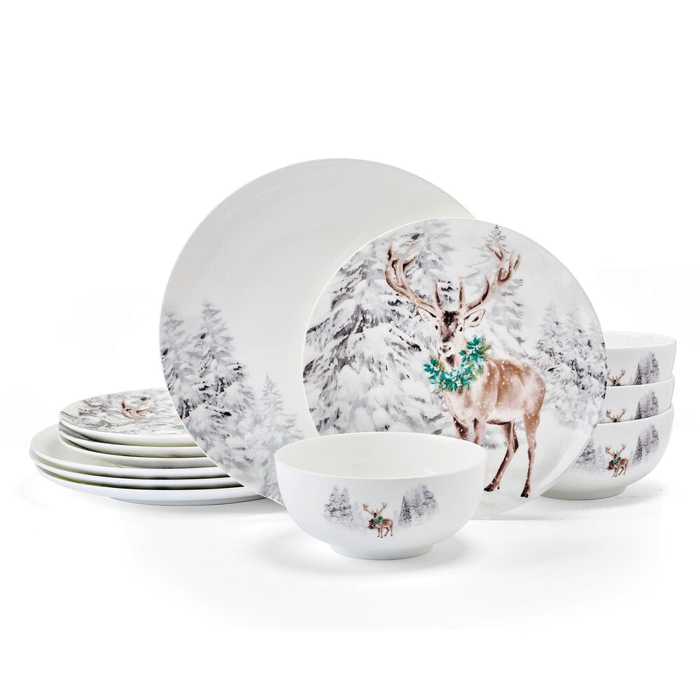 Woodsy Winter 12 Piece Dinnerware set. Service for 4